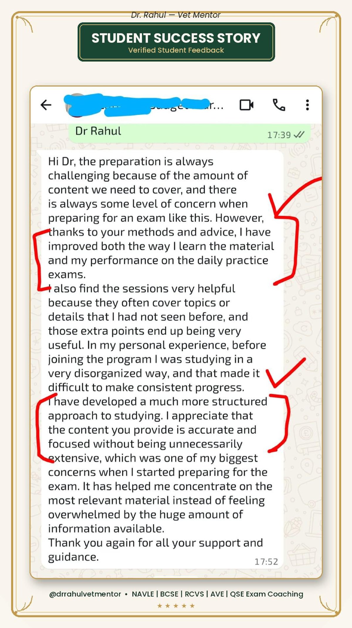 Student testimonial praising Dr. Rahul's structured study approach and accurate, focused content for veterinary licensing exam preparation