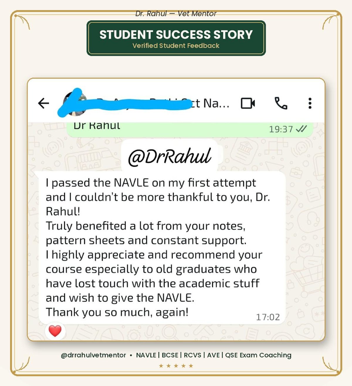 Student passed NAVLE on first attempt, thanking Dr. Rahul for notes, pattern sheets and support