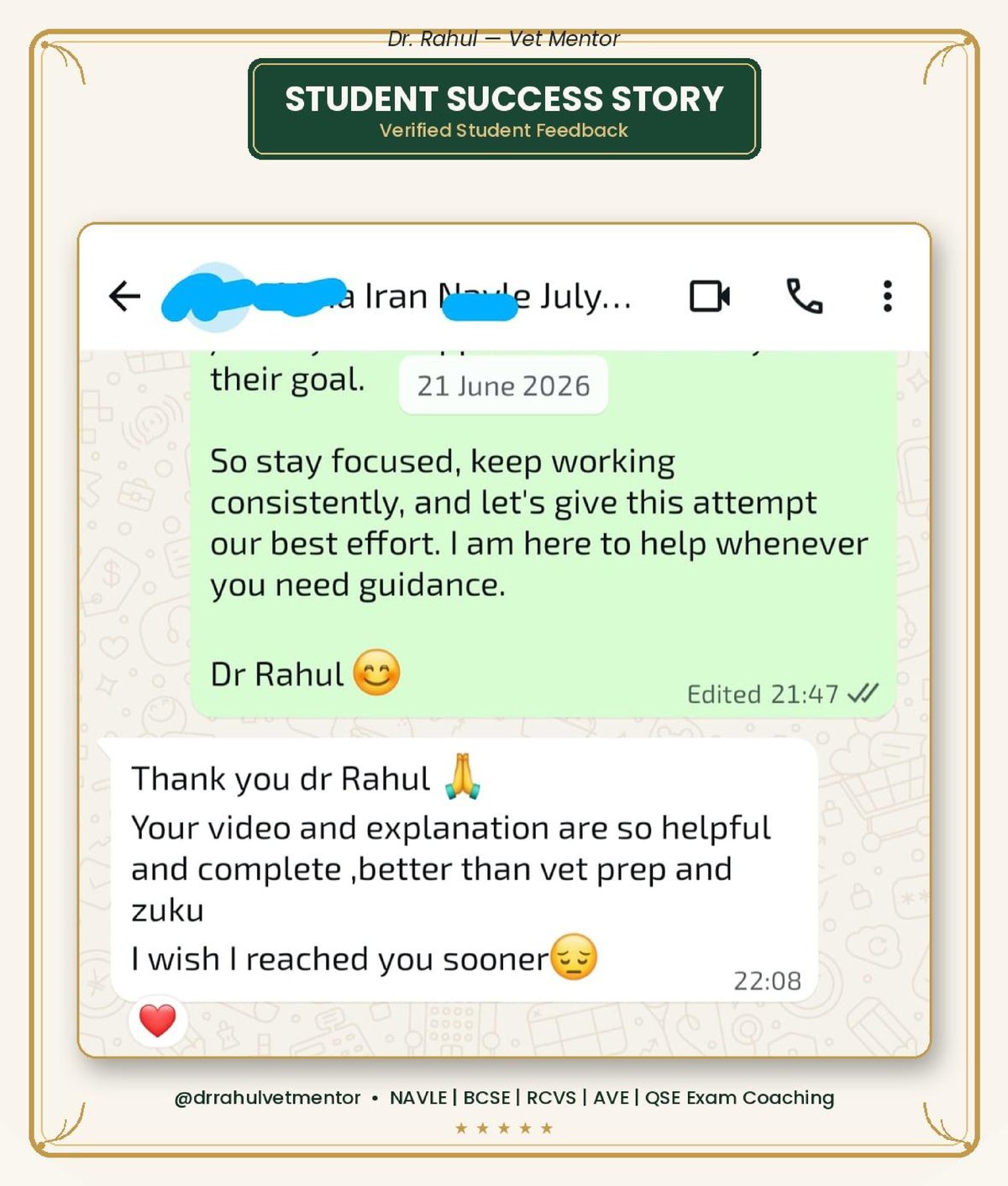 Student thanks Dr. Rahul for helpful, complete video explanations for veterinary exam preparation
