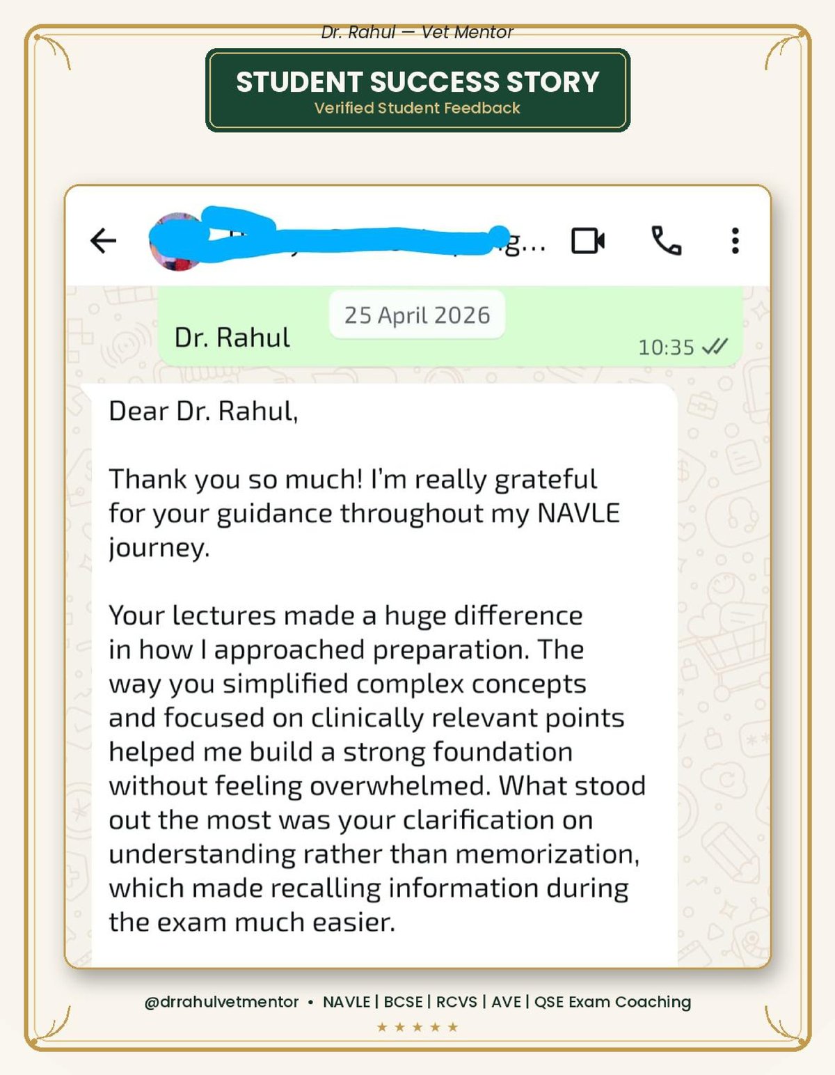 Student expresses gratitude for Dr. Rahul's NAVLE guidance, simplified concepts and clinically relevant focus