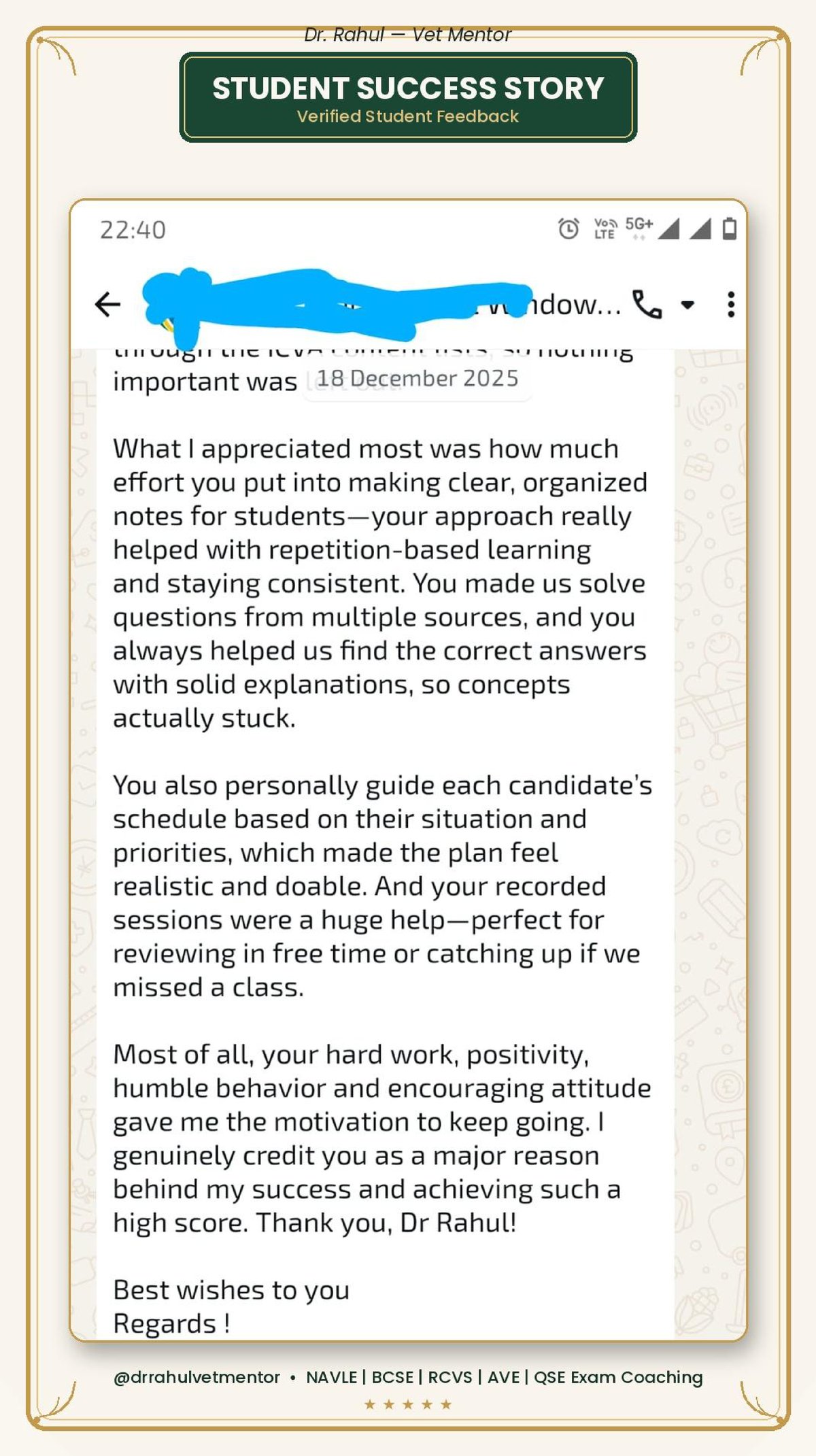 Student credits Dr. Rahul's organized notes, personalized guidance and motivational support for exam success