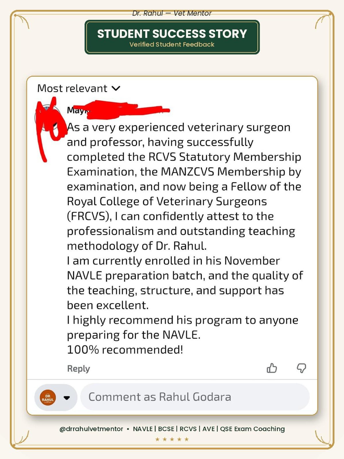 Experienced veterinary surgeon (RCVS, MANZCVS, FRCVS) recommends Dr. Rahul's NAVLE preparation program