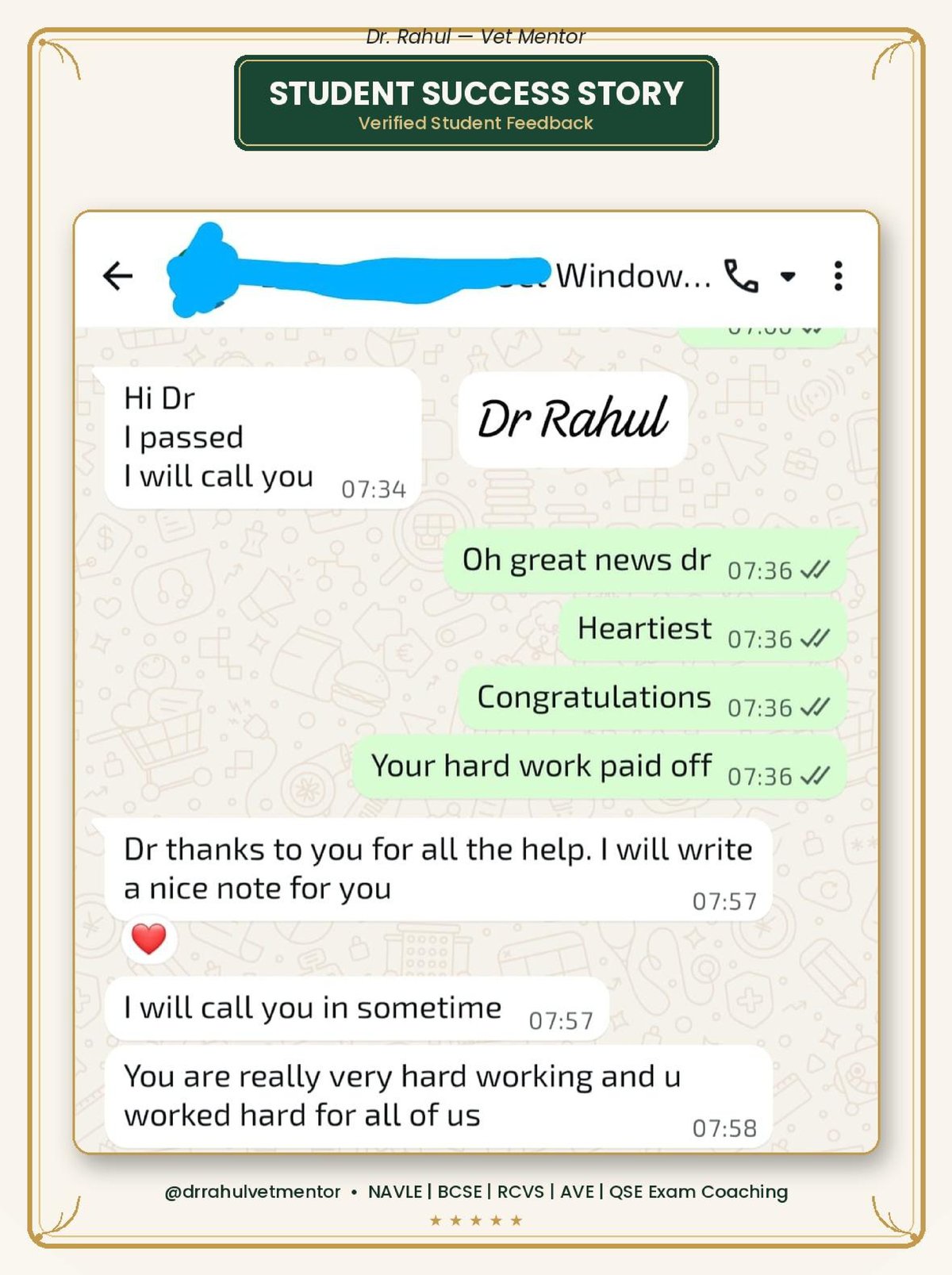 Student announces they passed and thanks Dr. Rahul for his help