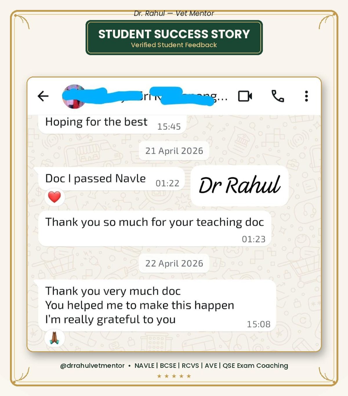 Student announces passing the NAVLE exam and expresses gratitude to Dr. Rahul